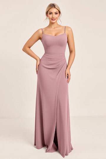 Vintage Mauve Sheath Spaghetti Straps Ruched Long Bridesmaid Dress with Slit